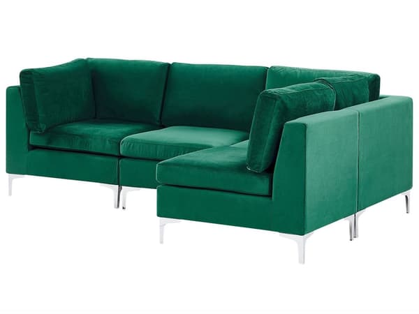Hjørnesofa Grøn Velour Forkromet Metalben 4 Personers Designer Sofa Moderne Vinkel L Formet Modulopbygget Aftageligt Betræk Glamourstil Stue