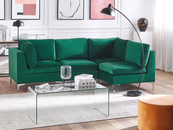 Hjørnesofa Grøn Velour Forkromet Metalben 4 Personers Designer Sofa Moderne Vinkel L Formet Modulopbygget Aftageligt Betræk Glamourstil Stue