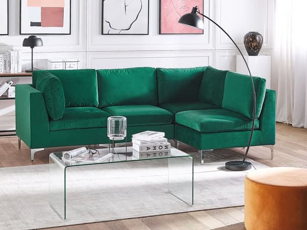 Hjørnesofa Grøn Velour Forkromet Metalben 4 Personers Designer Sofa Moderne Vinkel L Formet Modulopbygget Aftageligt Betræk Glamourstil Stue