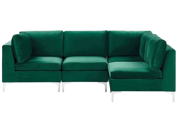 Hjørnesofa Grøn Velour Forkromet Metalben 4 Personers Designer Sofa Moderne Vinkel L Formet Modulopbygget Aftageligt Betræk Glamourstil Stue
