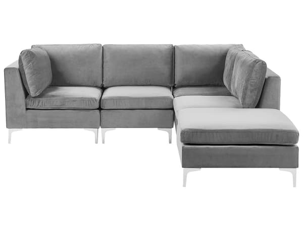 Hjørnesofa Grå Velour Krom Metalben 4 Personers Design Sofa Moderne Vinkel L Formet Open End Modulopbygget Aftageligt Betræk Ottoman Stue