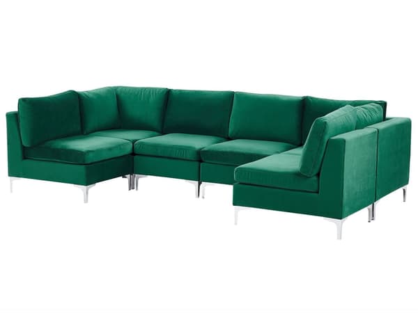 Sofa Grøn Velour Forkromet Metalben 6 Personers Designer Blød U Sofa Modul Moderne Aftageligt Betræk Glamourstil Stue Indretning Høj Kvalitet