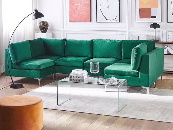 Sofa Grøn Velour Forkromet Metalben 6 Personers Designer Blød U Sofa Modul Moderne Aftageligt Betræk Glamourstil Stue Indretning Høj Kvalitet