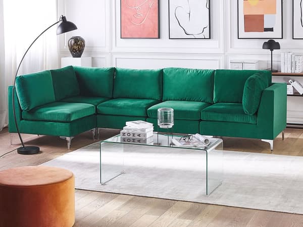 Högervänd Modulär Hörnsoffa Grön Sammet 5-sits L-formad Silver Metall Ben Glam Stil