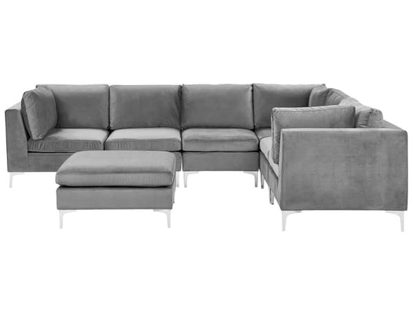 Vänstervänd Modulär Hörnsoffa med Fotpall Grå Sammet 6-sits L-formad Silver Metall Ben Glam Stil