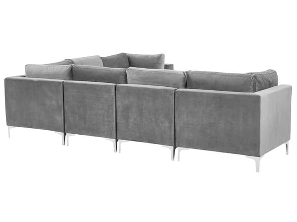 Vänstervänd Modulär Hörnsoffa med Fotpall Grå Sammet 6-sits L-formad Silver Metall Ben Glam Stil
