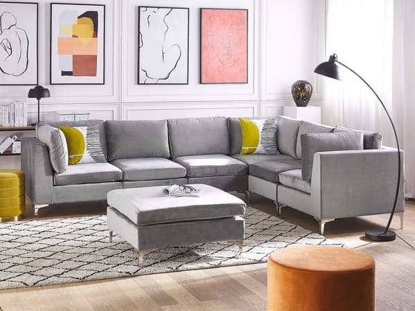 Vänstervänd Modulär Hörnsoffa med Fotpall Grå Sammet 6-sits L-formad Silver Metall Ben Glam Stil