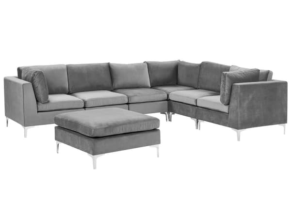 Vänstervänd Modulär Hörnsoffa med Fotpall Grå Sammet 6-sits L-formad Silver Metall Ben Glam Stil