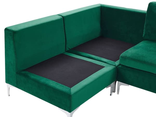 Högervänd Modulär Hörnsoffa med Fotpall Grön Sammet 4-sits L-formad Silver Metall Ben Glam Stil