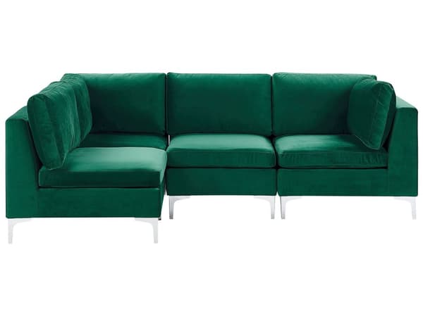 Högervänd Modulär Hörnsoffa med Fotpall Grön Sammet 4-sits L-formad Silver Metall Ben Glam Stil