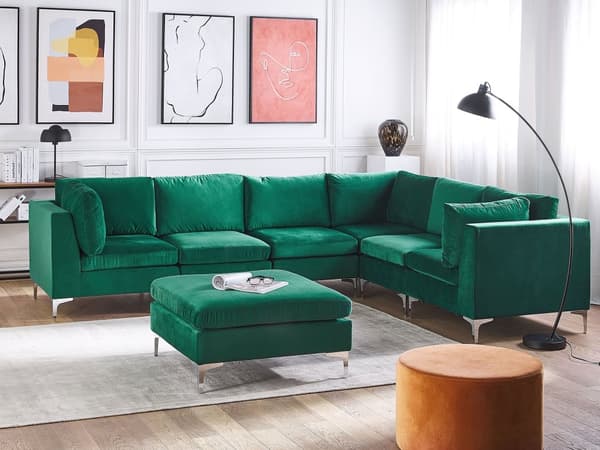 Vänstervänd Modulär Hörnsoffa med Fotpall Grön Sammet 6-sits L-formad Silver Metall Ben Glam Stil