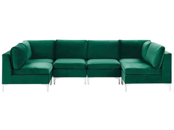 Modulär Soffa Grön Sammet U-formad 6-sits Silver Metall Ben Glam