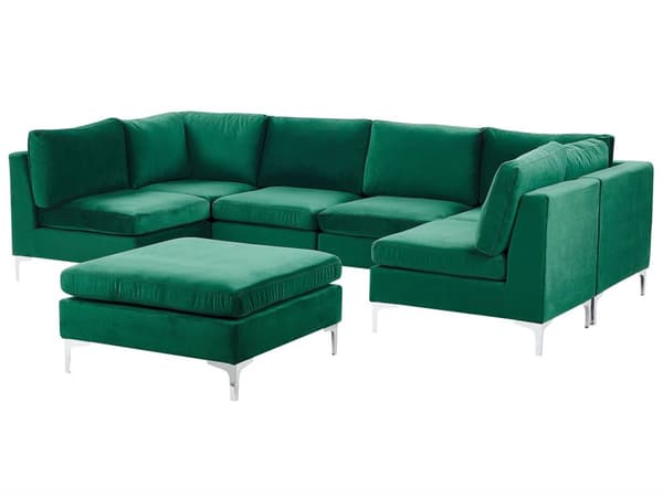 Modulär Soffa Grön med Fotpall Sammet U-formad 6-sits Silver Metall Ben Glam