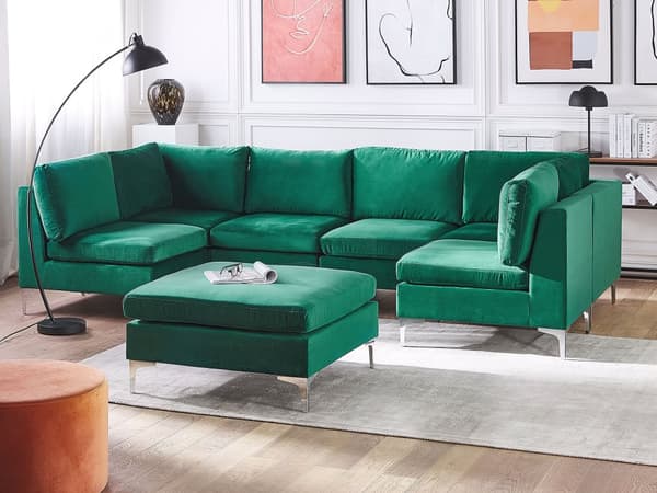 Modulär Soffa Grön med Fotpall Sammet U-formad 6-sits Silver Metall Ben Glam