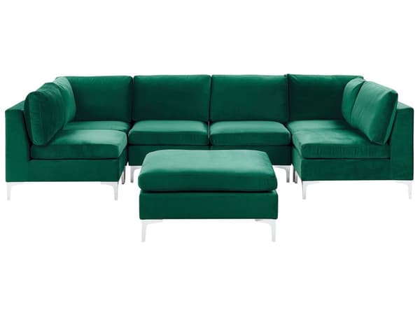 Modulär Soffa Grön med Fotpall Sammet U-formad 6-sits Silver Metall Ben Glam