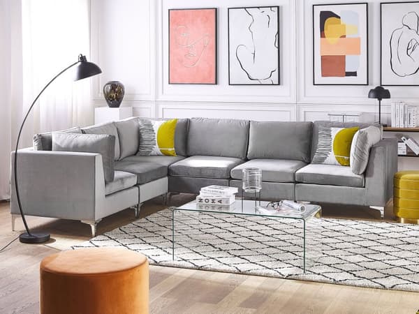 Högervänd Modulär Hörnsoffa Grå Sammet 6-sits L-formad Silver Metall Ben Glam Stil