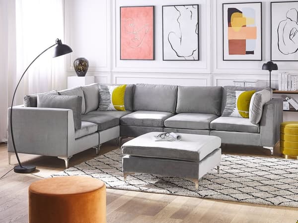 Högervänd Modulär Hörnsoffa med Fotpall Grå Sammet 6-sits L-formad Silver Metall Ben Glam Stil