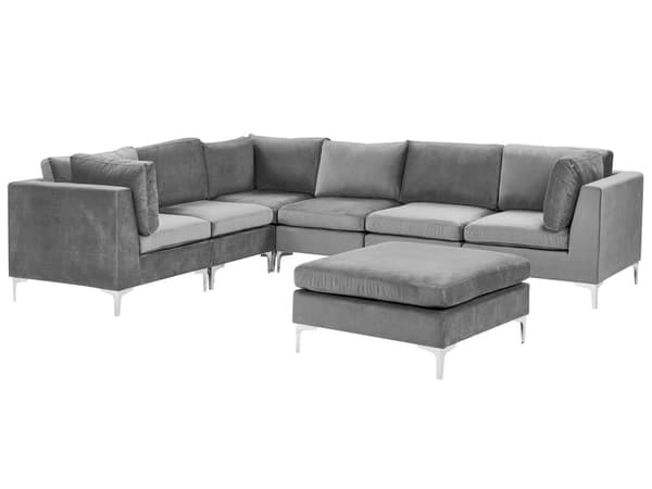 Högervänd Modulär Hörnsoffa med Fotpall Grå Sammet 6-sits L-formad Silver Metall Ben Glam Stil
