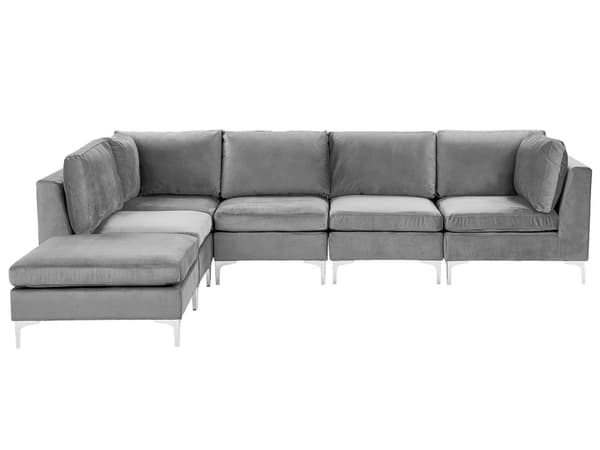 Högervänd Modulär Hörnsoffa med Fotpall Grå Sammet 5-sits L-formad Silver Metall Ben Glam Stil