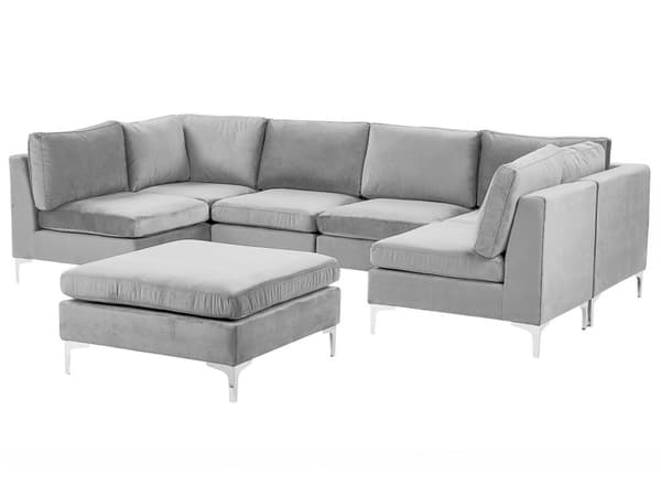 Modulär Soffa Grå med Fotpall Sammet U-formad 6-sits Silver Metall Ben Glam