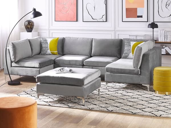 Modulär Soffa Grå med Fotpall Sammet U-formad 6-sits Silver Metall Ben Glam