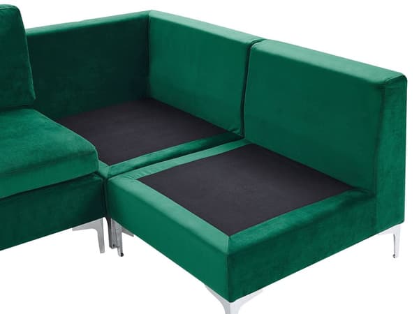 Vänstervänd Modulär Hörnsoffa med Fotpall Grön Sammet 4-sits L-formad Silver Metall Ben Glam Stil