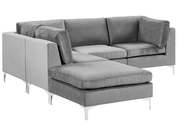 Högervänd Modulär Hörnsoffa med Fotpall Grå Sammet 4-sits L-formad Silver Metall Ben Glam Stil
