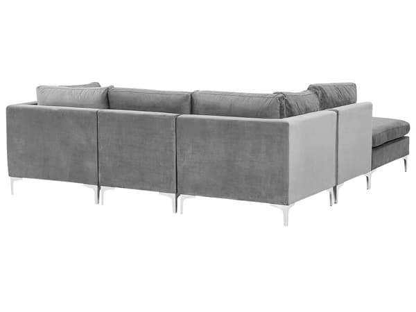 Högervänd Modulär Hörnsoffa med Fotpall Grå Sammet 4-sits L-formad Silver Metall Ben Glam Stil