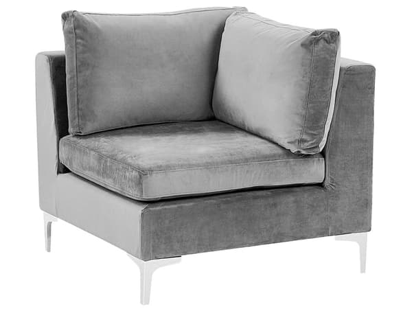 Högervänd Modulär Hörnsoffa med Fotpall Grå Sammet 4-sits L-formad Silver Metall Ben Glam Stil