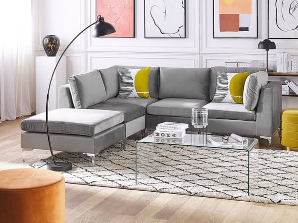 Högervänd Modulär Hörnsoffa med Fotpall Grå Sammet 4-sits L-formad Silver Metall Ben Glam Stil