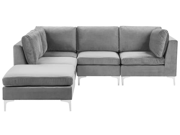 Högervänd Modulär Hörnsoffa med Fotpall Grå Sammet 4-sits L-formad Silver Metall Ben Glam Stil