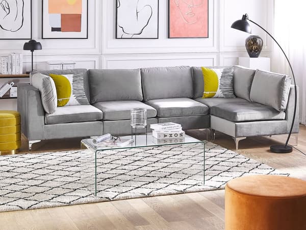 Vänstervänd Modulär Hörnsoffa Grå Sammet 5-sits L-formad Silver Metall Ben Glam Stil