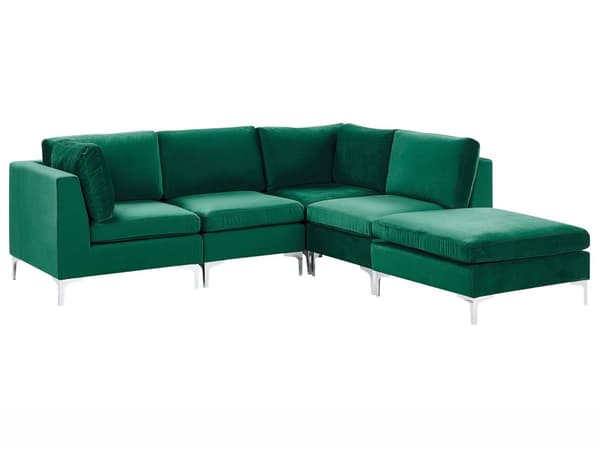 Vänstervänd Modulär Hörnsoffa med Fotpall Grön Sammet 4-sits L-formad Silver Metall Ben Glam Stil