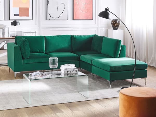 Vänstervänd Modulär Hörnsoffa med Fotpall Grön Sammet 4-sits L-formad Silver Metall Ben Glam Stil