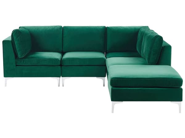 Vänstervänd Modulär Hörnsoffa med Fotpall Grön Sammet 4-sits L-formad Silver Metall Ben Glam Stil