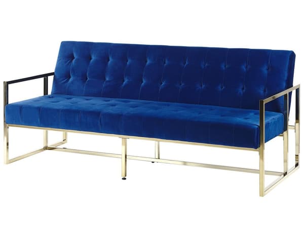 Vuodesohva laivastonsininen sametti tuftattu verhoilu kulta metalli jalat 3 hengelle käsinojat retro tyyli