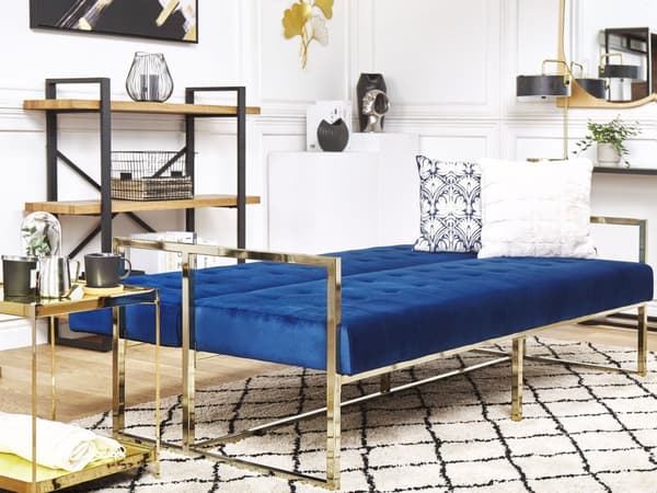 Bäddsoffa Koboltblå Sammet Tuftad 3-sits Guld Metall Ram med Armstöd Retro Stil