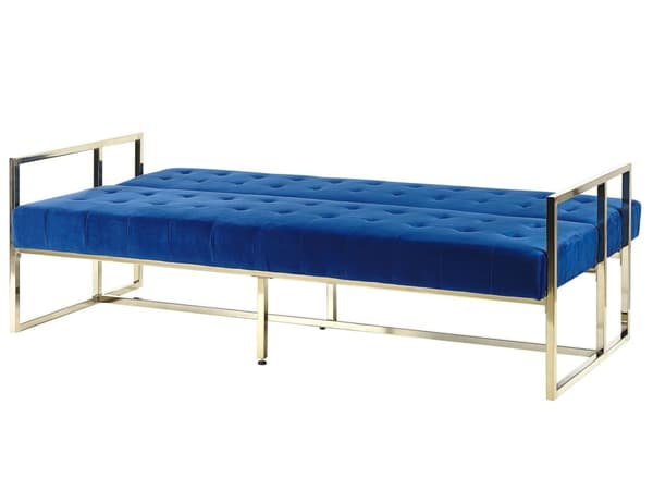 Bäddsoffa Koboltblå Sammet Tuftad 3-sits Guld Metall Ram med Armstöd Retro Stil