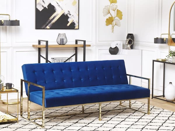 Bäddsoffa Koboltblå Sammet Tuftad 3-sits Guld Metall Ram med Armstöd Retro Stil