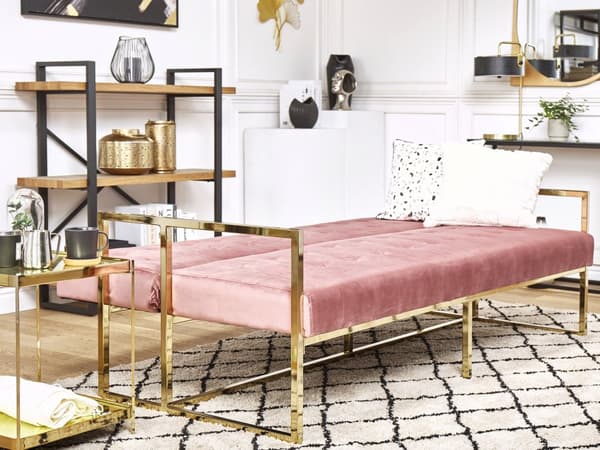 Bäddsoffa Rosa Sammet Tuftad 3-sits Guld Metall Ram med Armstöd Retro Stil