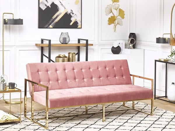 Bäddsoffa Rosa Sammet Tuftad 3-sits Guld Metall Ram med Armstöd Retro Stil