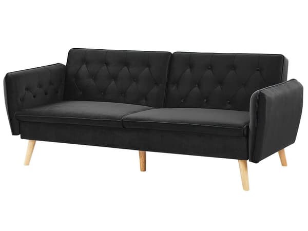 Sofa Sort Velour Polster og Lyse Træben 213 x 84 cm 2 Personers med Sovefunktion Dekorativ Design Knap Tuftet Stue Moderne Seng som Sofa Stil