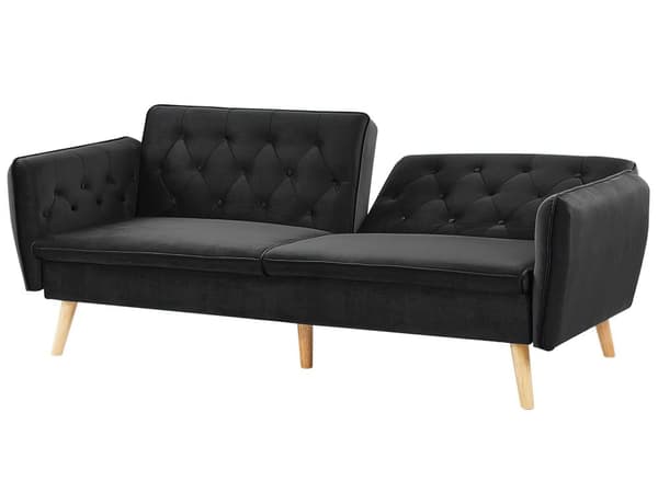Sofa Sort Velour Polster og Lyse Træben 213 x 84 cm 2 Personers med Sovefunktion Dekorativ Design Knap Tuftet Stue Moderne Seng som Sofa Stil