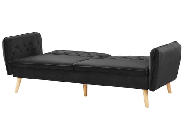 Sofa Sort Velour Polster og Lyse Træben 213 x 84 cm 2 Personers med Sovefunktion Dekorativ Design Knap Tuftet Stue Moderne Seng som Sofa Stil