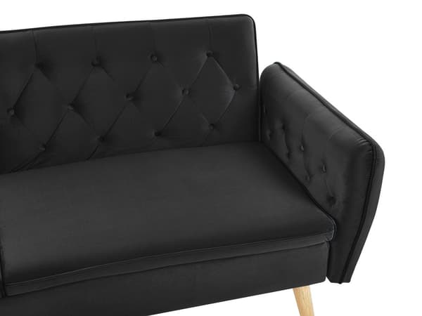 Sofa Sort Velour Polster og Lyse Træben 213 x 84 cm 2 Personers med Sovefunktion Dekorativ Design Knap Tuftet Stue Moderne Seng som Sofa Stil