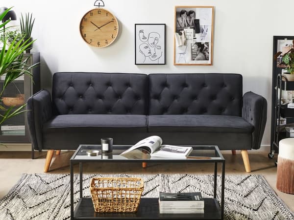Sofa Sort Velour Polster og Lyse Træben 213 x 84 cm 2 Personers med Sovefunktion Dekorativ Design Knap Tuftet Stue Moderne Seng som Sofa Stil