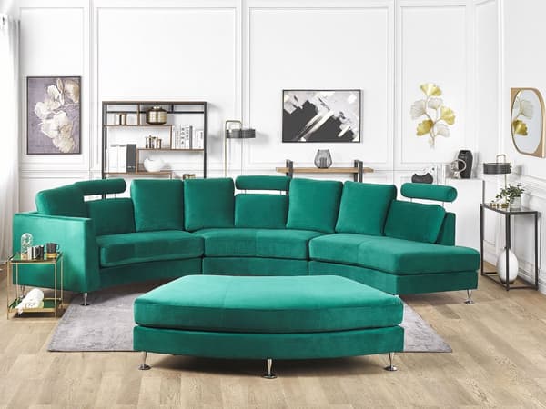 Sofa Mørkegrøn Velour Stof 7 Personers Moderne Rund U Formet Buet Sofa med Chaiselong Justerbare Nakkestøtter Modul Opbygget Kæmpe Designsofa