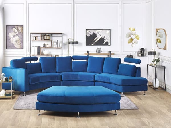 Sofa Mørkeblå Velour Stof 7 Personers Moderne Rund U Formet Buet Sofa med Chaiselong Justerbare Nakkestøtter Modul Opbygget Kæmpe Designsofa