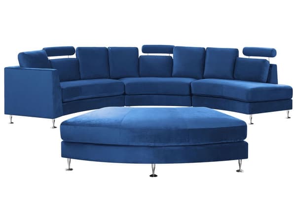 Sofa Mørkeblå Velour Stof 7 Personers Moderne Rund U Formet Buet Sofa med Chaiselong Justerbare Nakkestøtter Modul Opbygget Kæmpe Designsofa