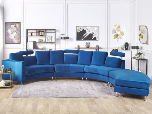 Sofa Mørkeblå Velour Stof 7 Personers Moderne Rund U Formet Buet Sofa med Chaiselong Justerbare Nakkestøtter Modul Opbygget Kæmpe Designsofa
